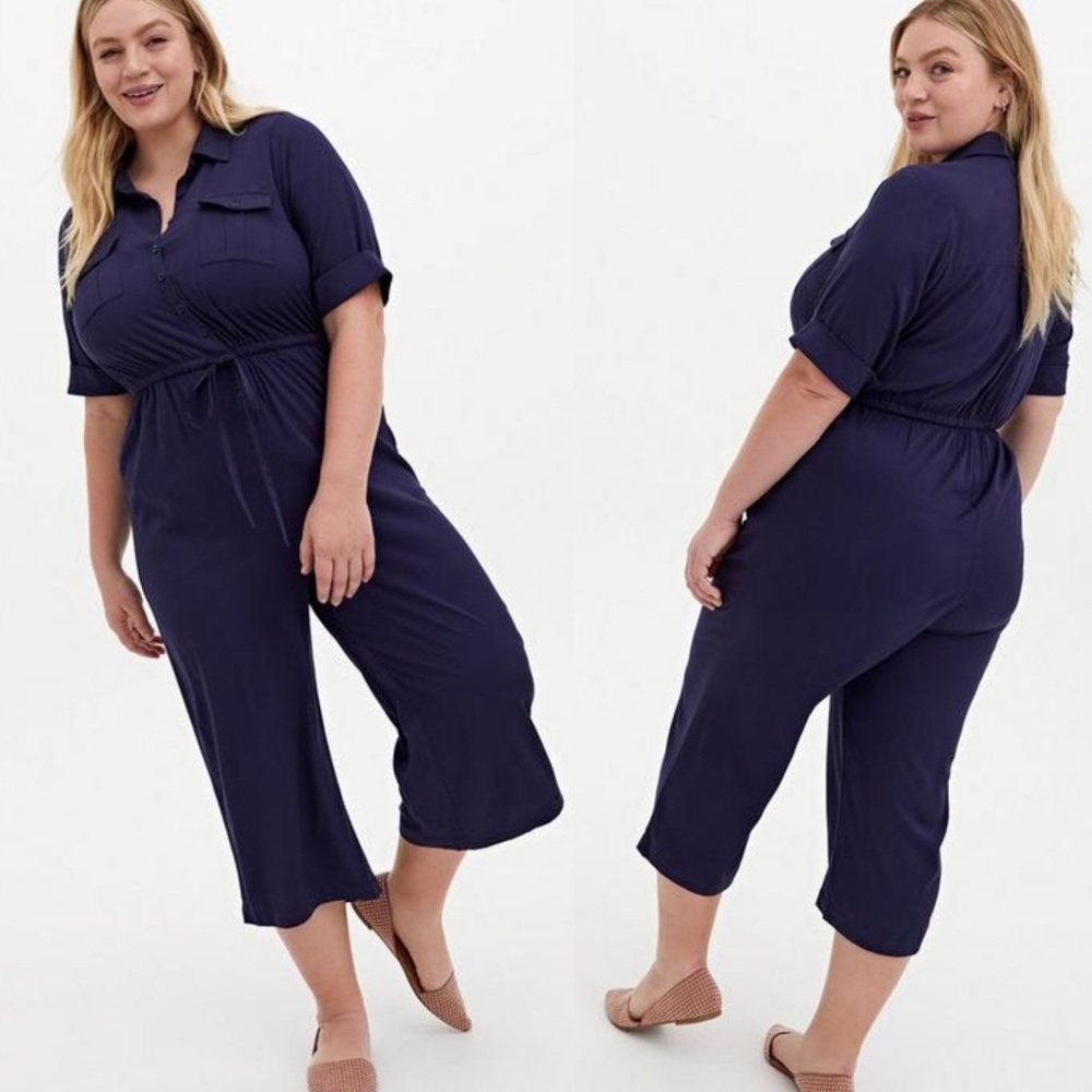 Torrid Utility Culotte Jumpsuit Navy Blue Size 4X Drawstring Waist Button Down